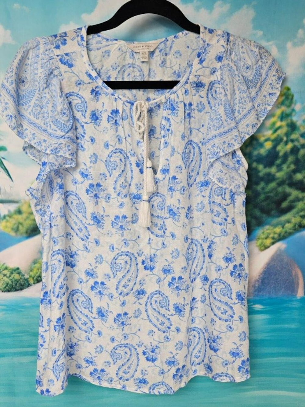 Blue Paisley Viscose Blouse Womens M Lucky Brand Beachy Travel Vacation Tassel